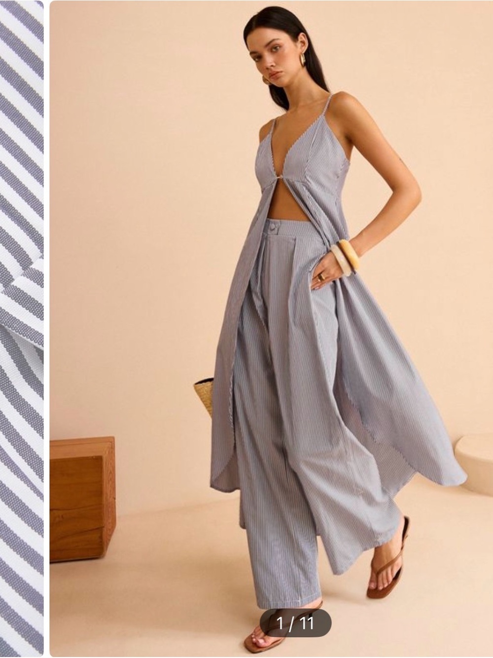 Striped Blue Wide-Leg Pants & Duster Set